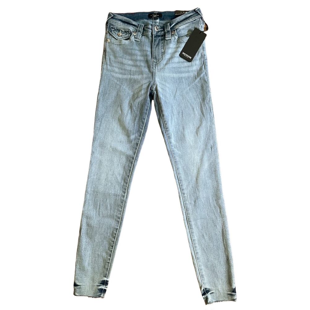 True Religion Halle Mid Rise Super Skinny Jeans Light Wash Raw Hem 28 NEW